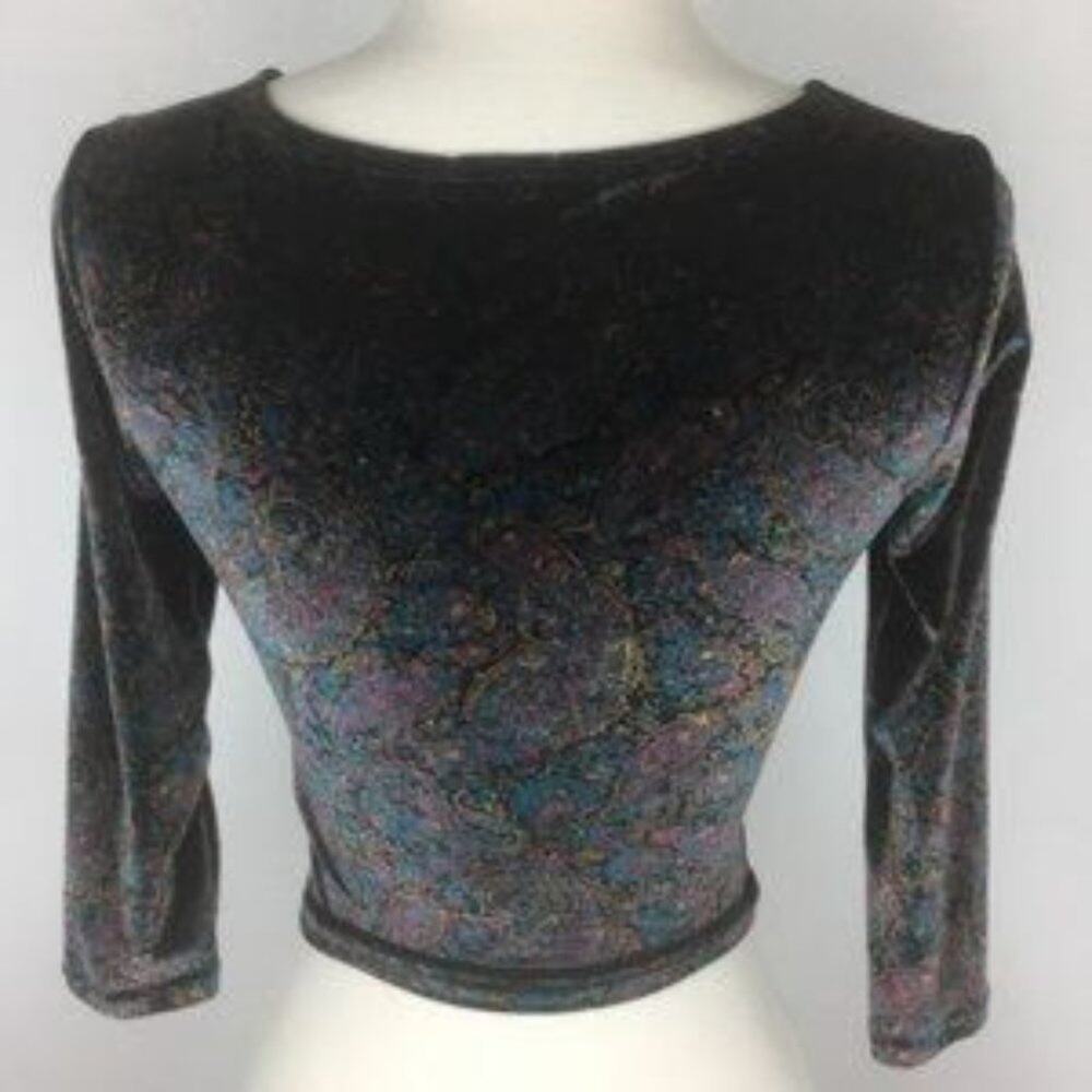 Ecote UO Bianca Black Velvet Paisley Shirred Crop Top XS - Picture 4 of 9